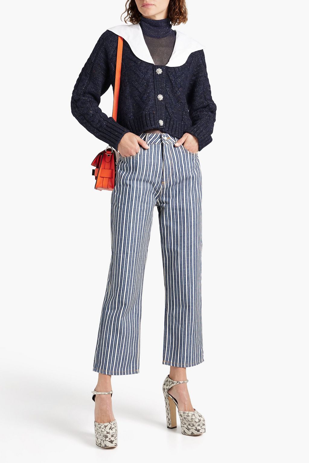 GANNI Poplin-trimmed Donegal cable-knit cardigan