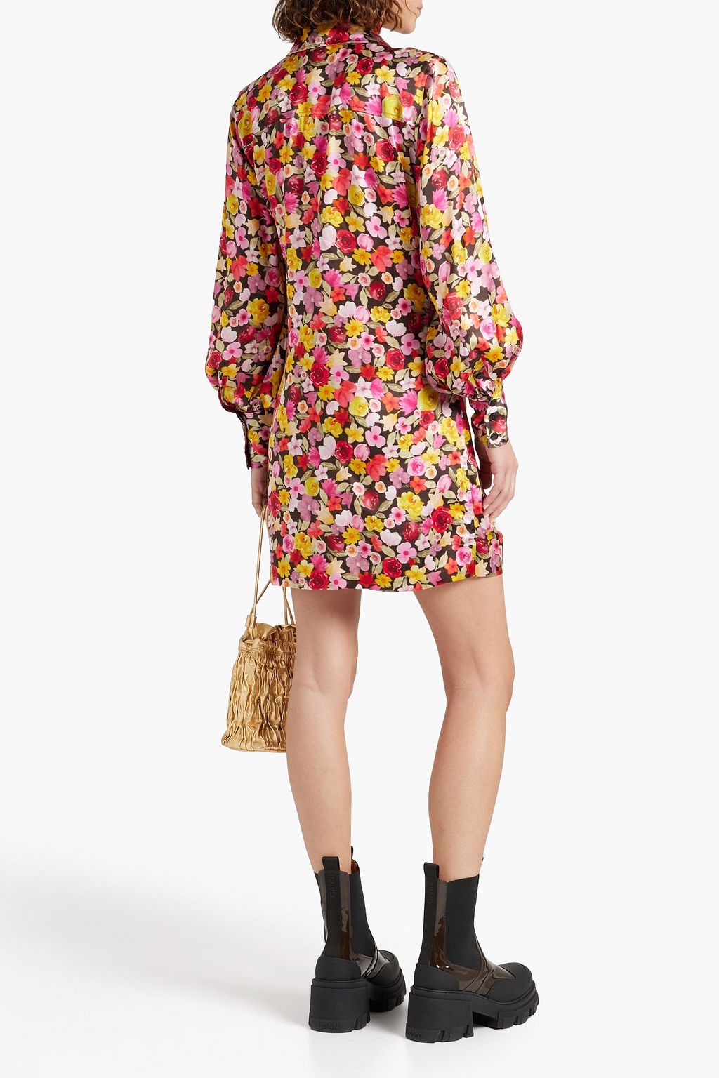 GANNI Ruched floral-print silk-blend satin mini shirt dress