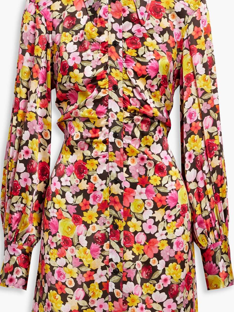 ruched floral-print silk-blend satin mini shirt dress
