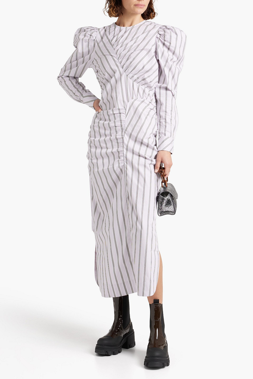 Ganni Ruched Striped Organic Cotton-poplin Midi Dress In Lilac | ModeSens