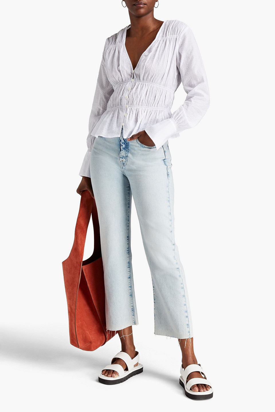 Frame Le Jane Cropped Frayed High-rise Straight-leg Jeans In Light Denim