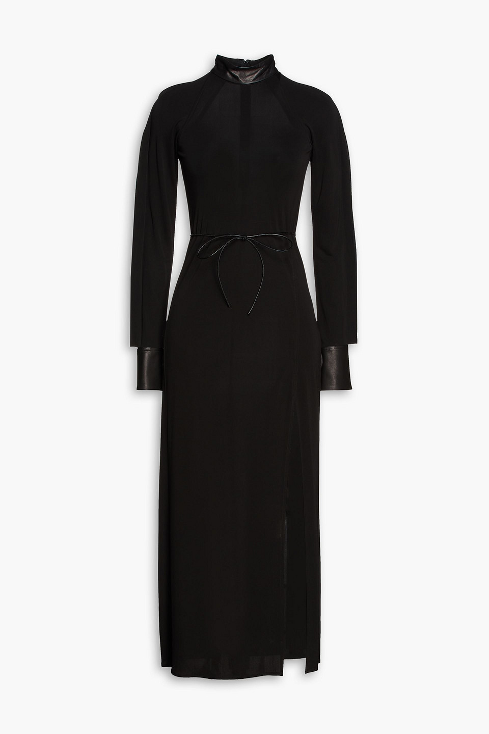 Helmut Lang Leather-trimmed Belted Jersey Midi Dress In Black