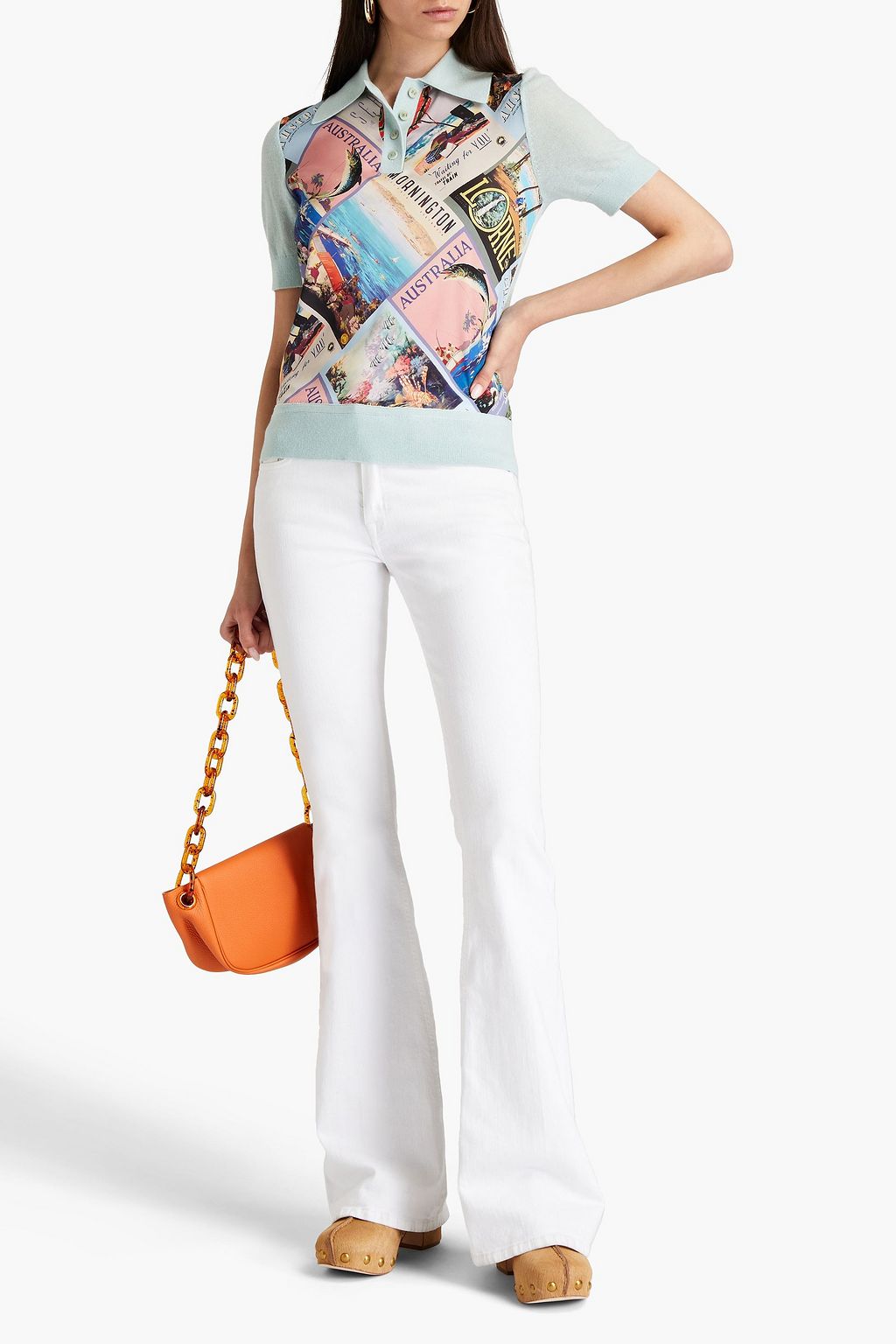 ZIMMERMANN Printed crepe-paneled cashmere polo shirt