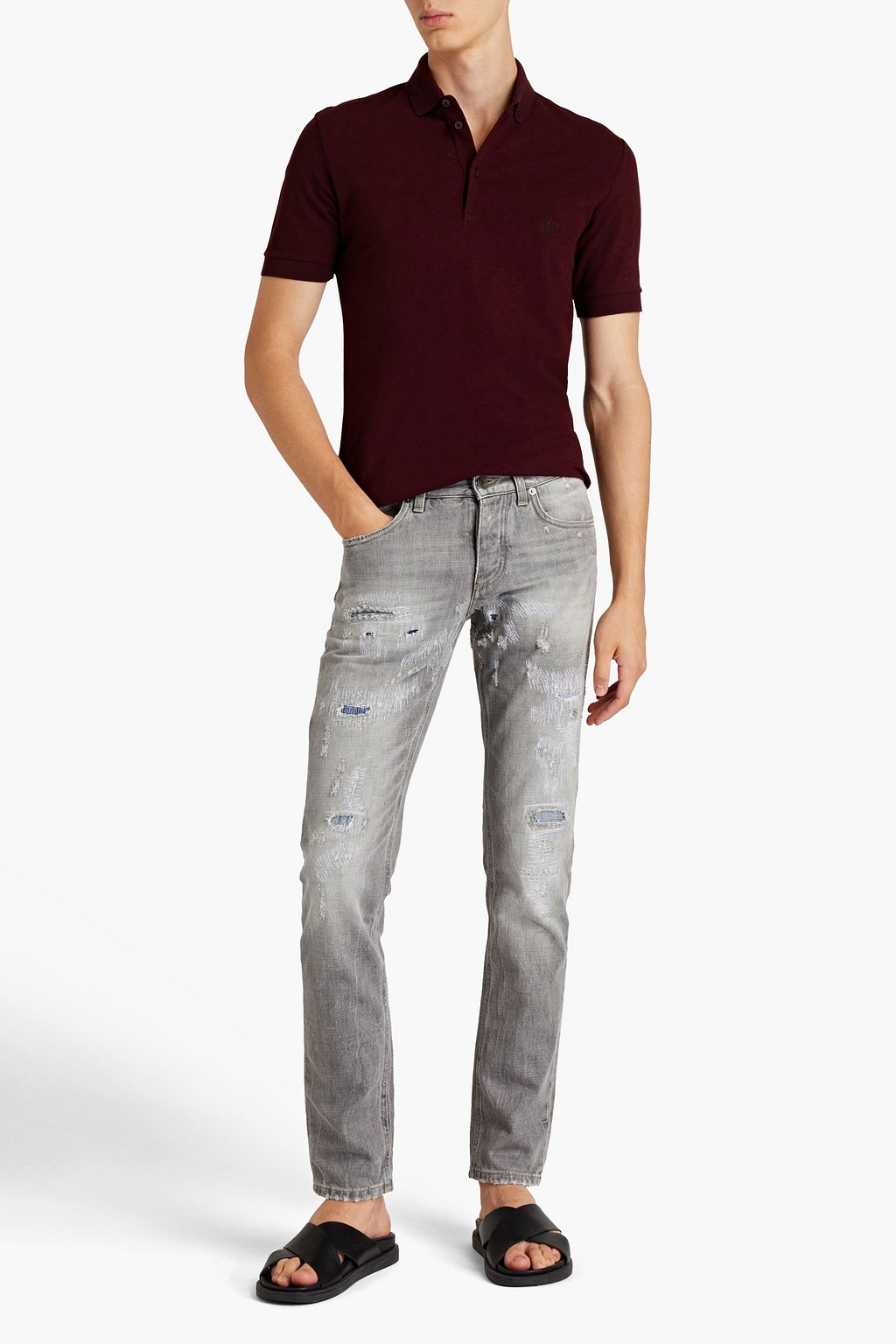 DOLCE & GABBANA Slim-fit embroidered distressed denim jeans