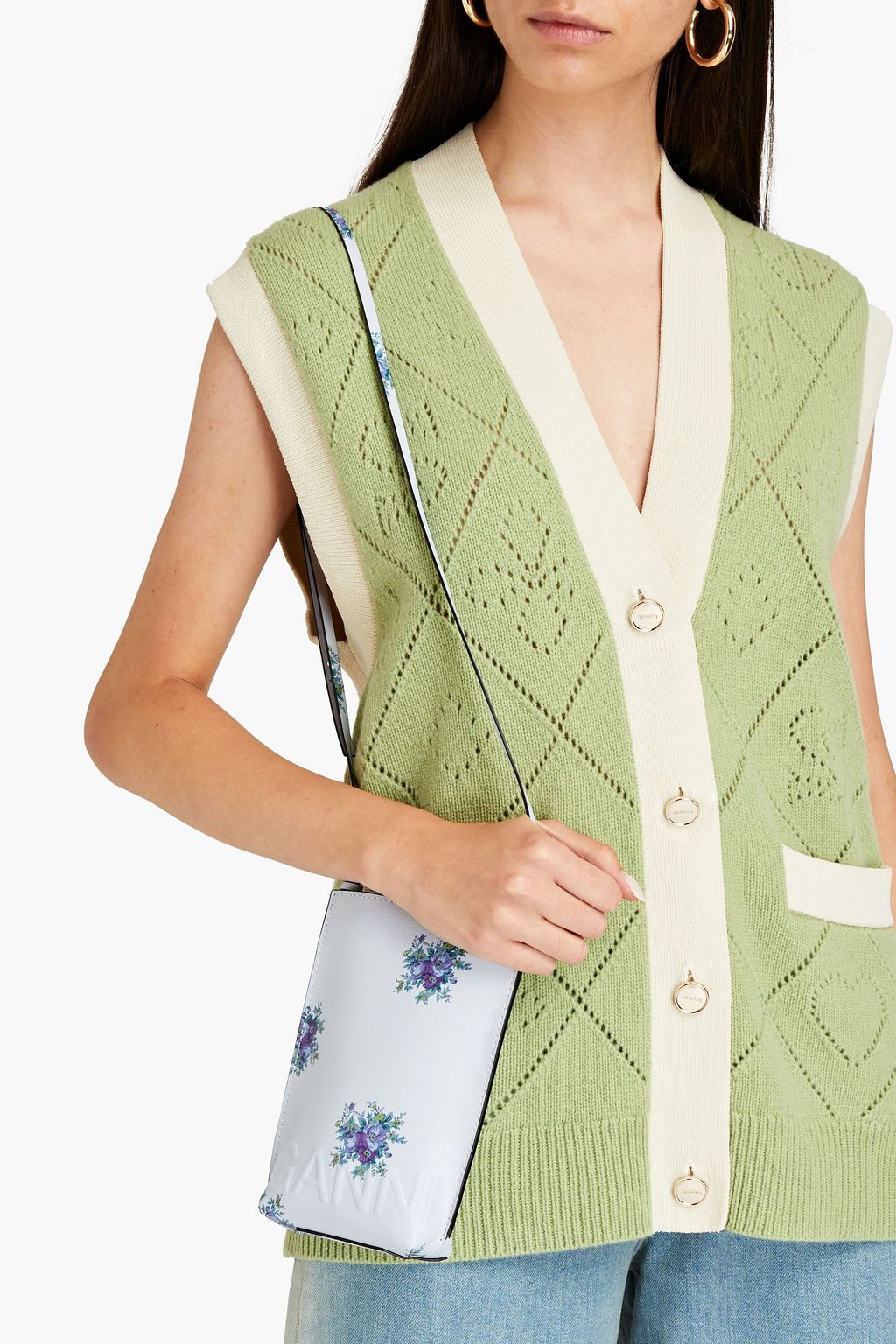 GANNI Floralprint textured leather tote THE