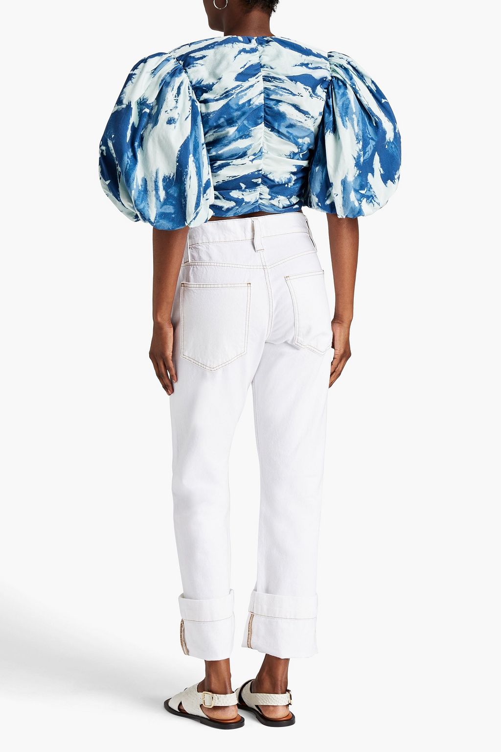 FRAME Cropped gathered printed cotton-blend top
