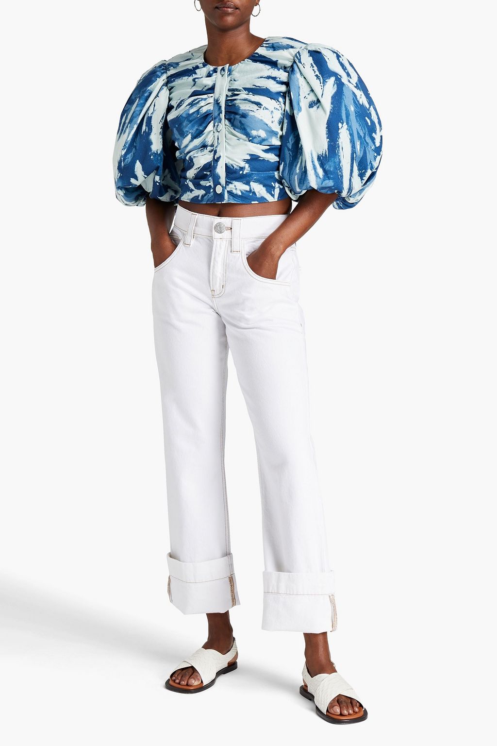FRAME Cropped gathered printed cotton-blend top