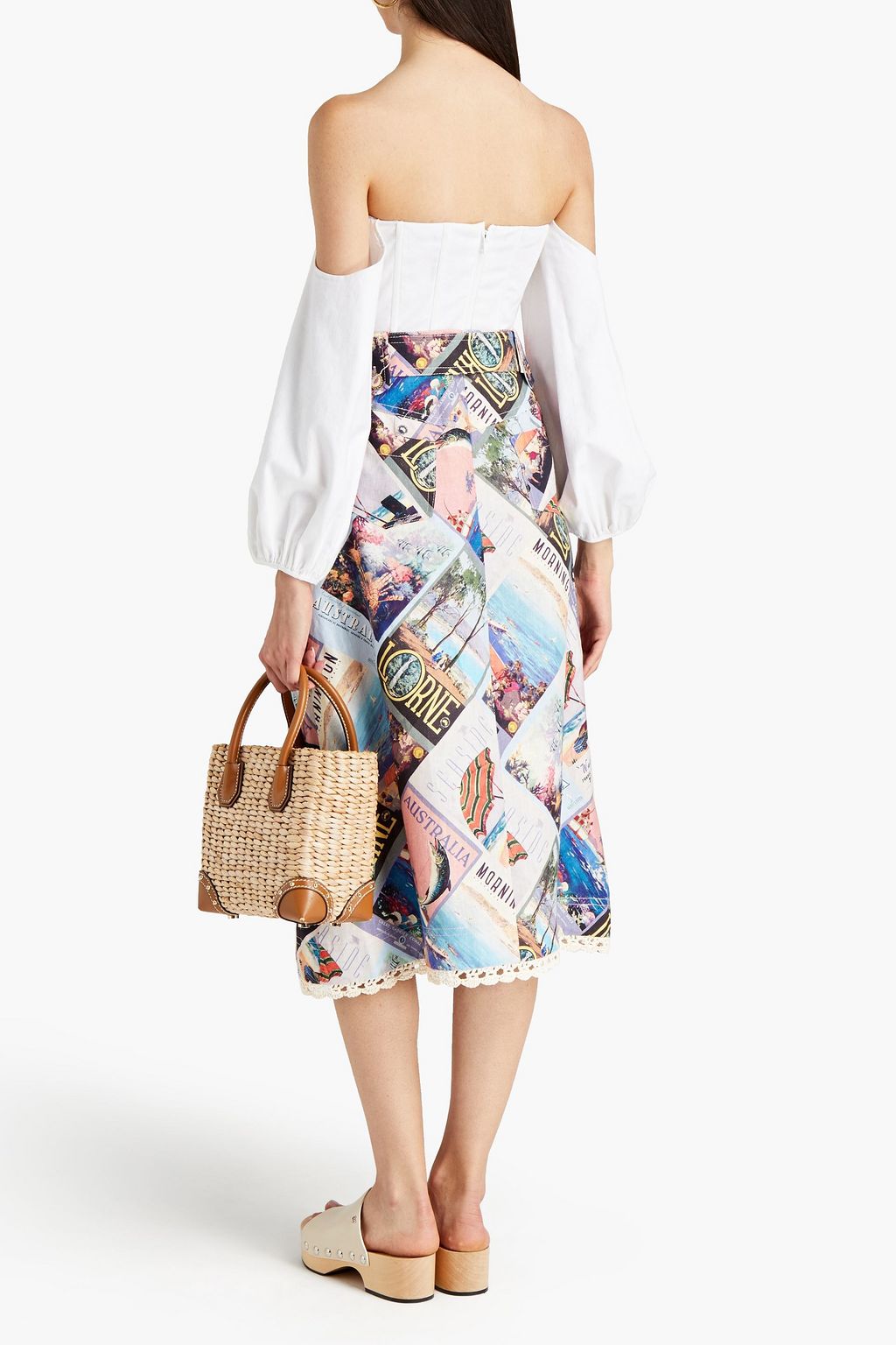 ZIMMERMANN Crochet-trimmed printed linen midi skirt
