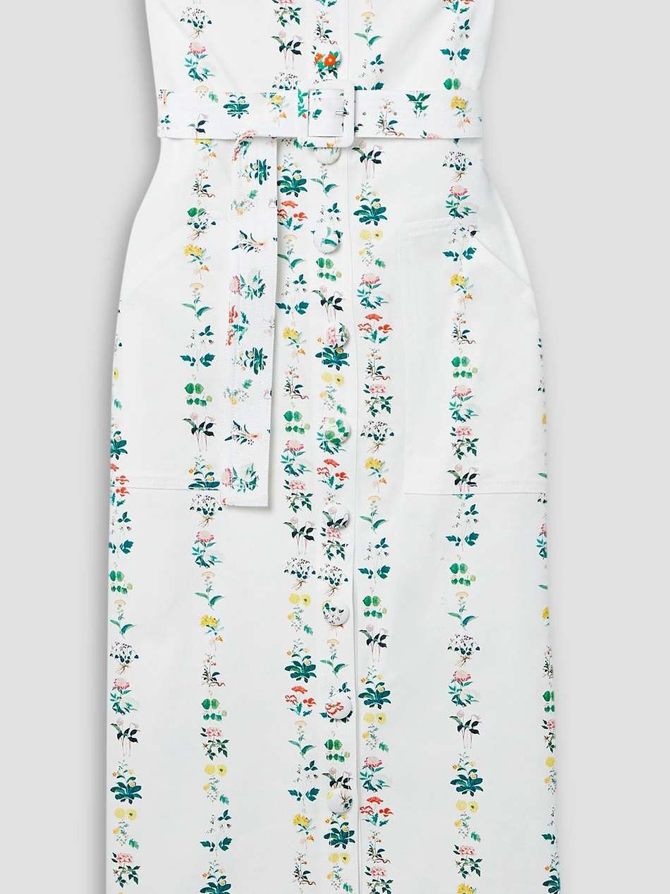 strapless belted floral-print cotton-blend twill midi dress