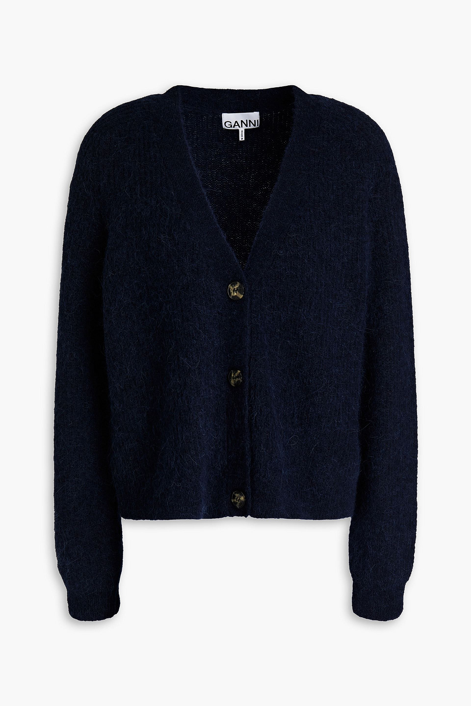 Ganni Brushed Ribbed-knit Cardigan In Navy