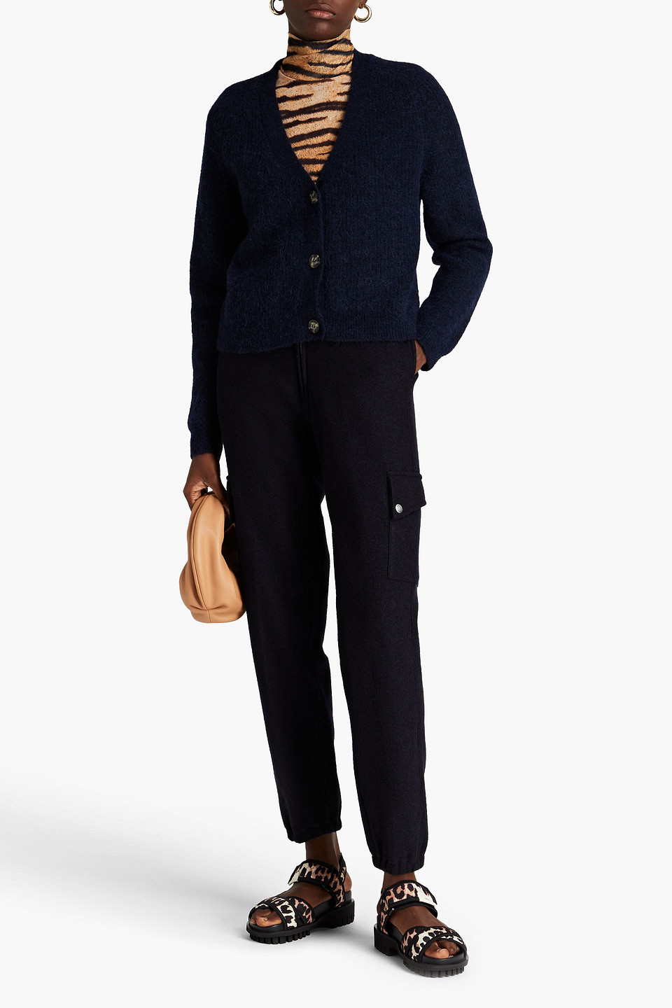 Ganni Brushed Ribbed-knit Cardigan In Navy
