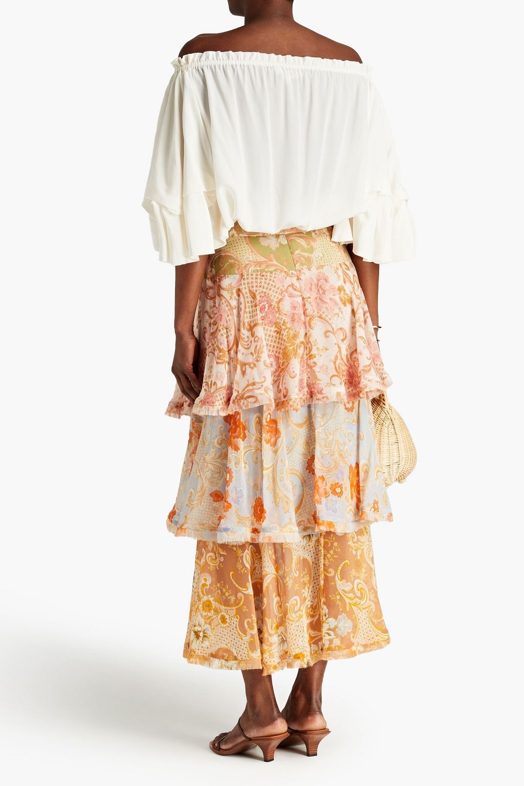 ZIMMERMANN Gestufter Midirock aus einer Baumwoll-Seidenmischung mit floralem Print
