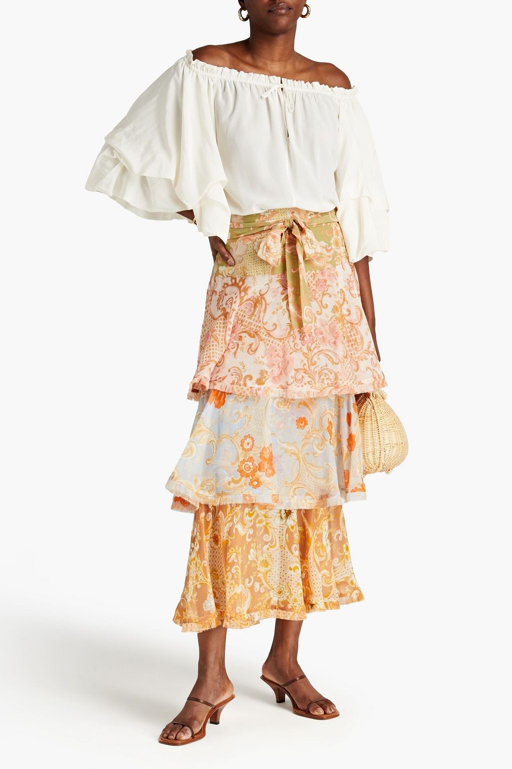 ZIMMERMANN Gestufter Midirock aus einer Baumwoll-Seidenmischung mit floralem Print