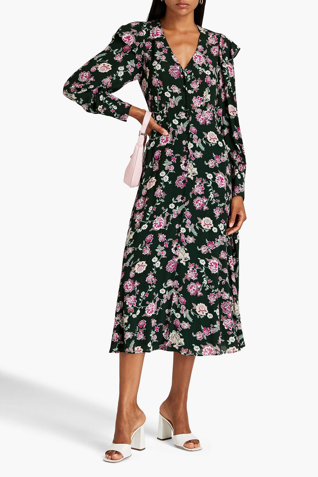 CLAUDIE PIERLOT Ruffle-trimmed floral-print crepe de chine midi dress