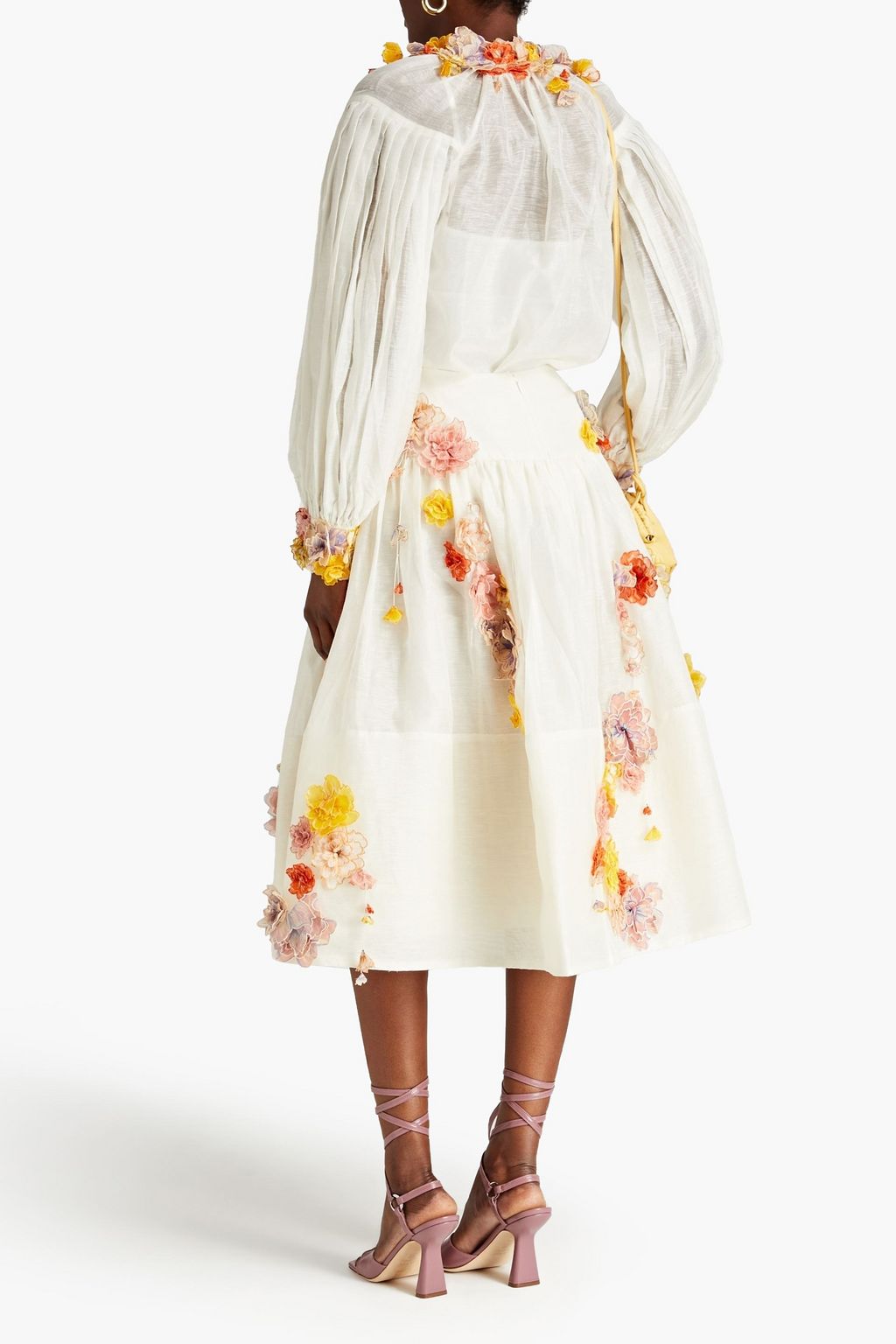 ZIMMERMANN Postcard floral-appliquéd linen and silk-blend midi skirt