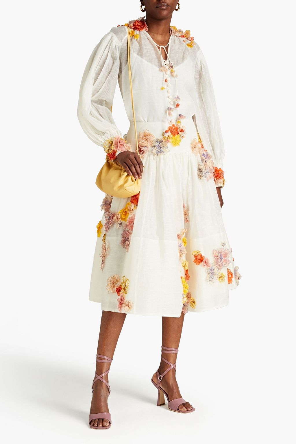 ZIMMERMANN Postcard floral-appliquéd linen and silk-blend midi skirt
