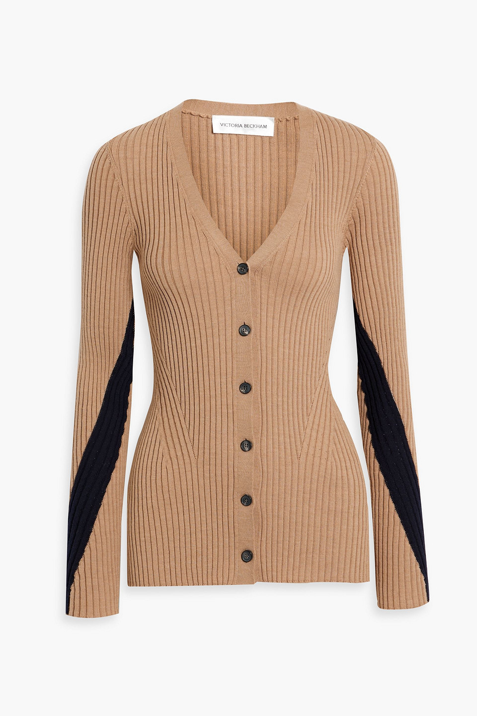 Victoria Beckham Pointelle Knit-paneled Ribbed Wool Sweater In Sand