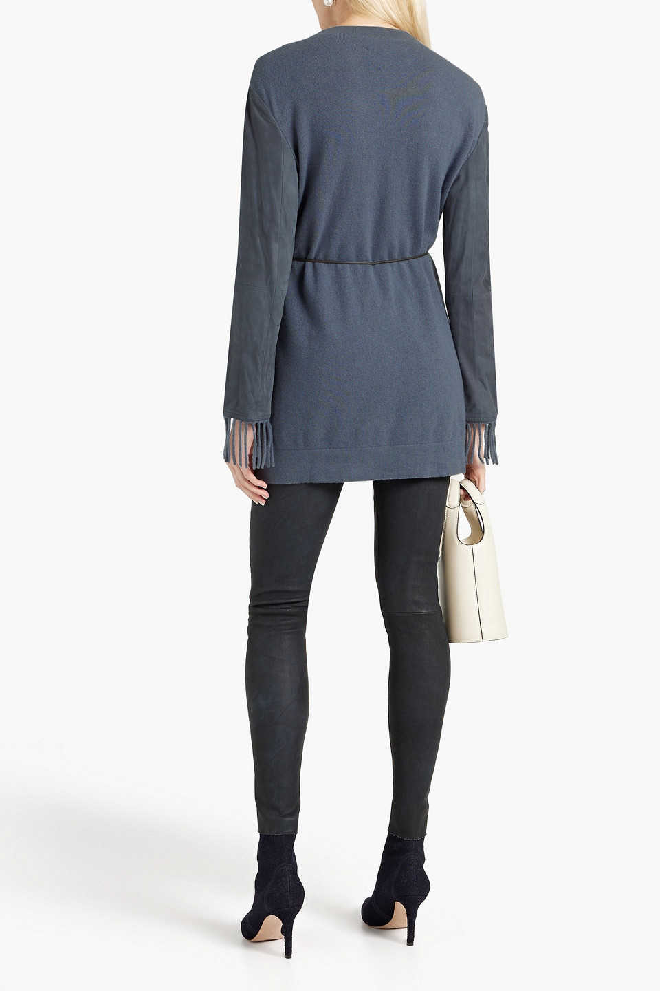 Shop Fabiana Filippi Suede-paneled Merino Wool, Cashmere And Silk-blend Cardigan In Slate Blue