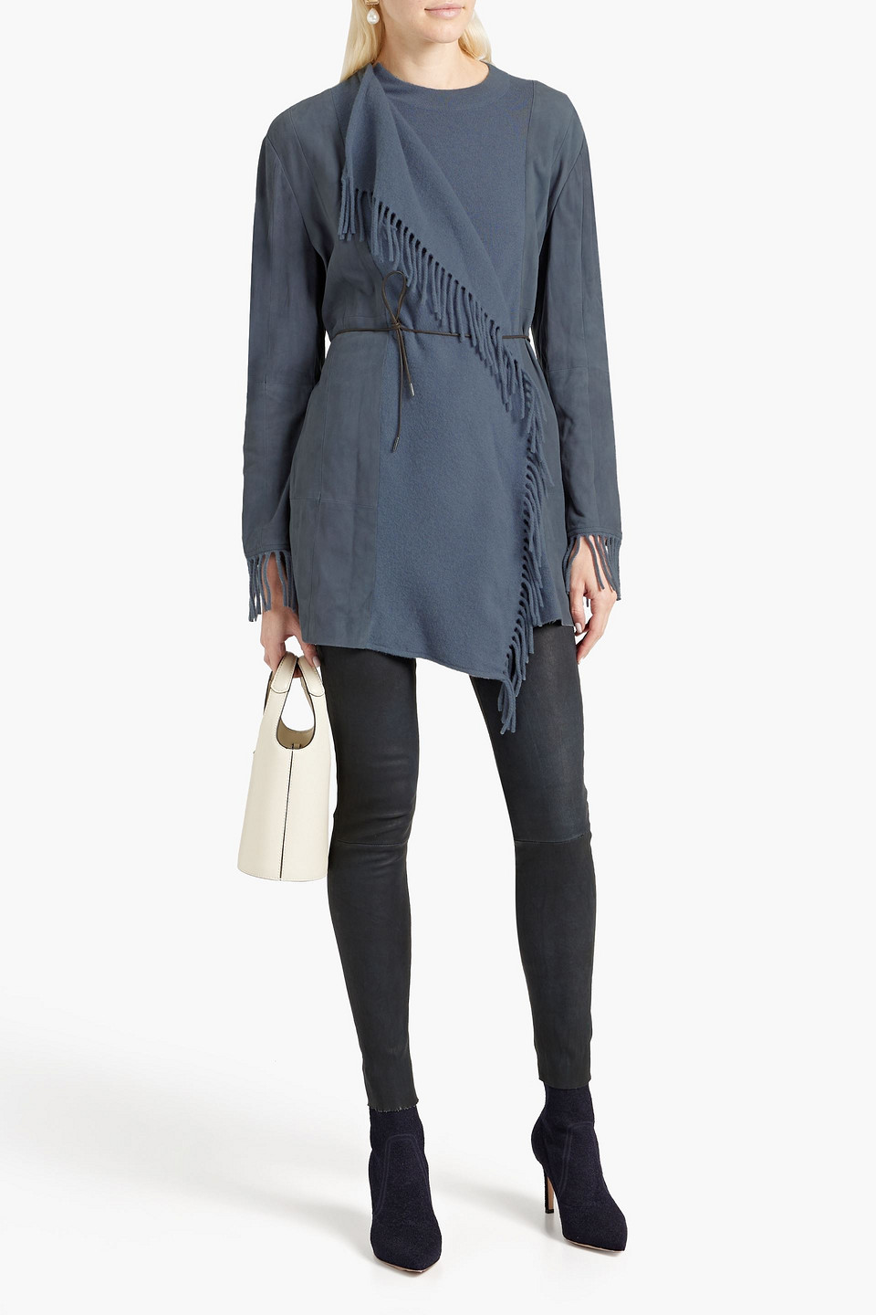 Shop Fabiana Filippi Suede-paneled Merino Wool, Cashmere And Silk-blend Cardigan In Slate Blue