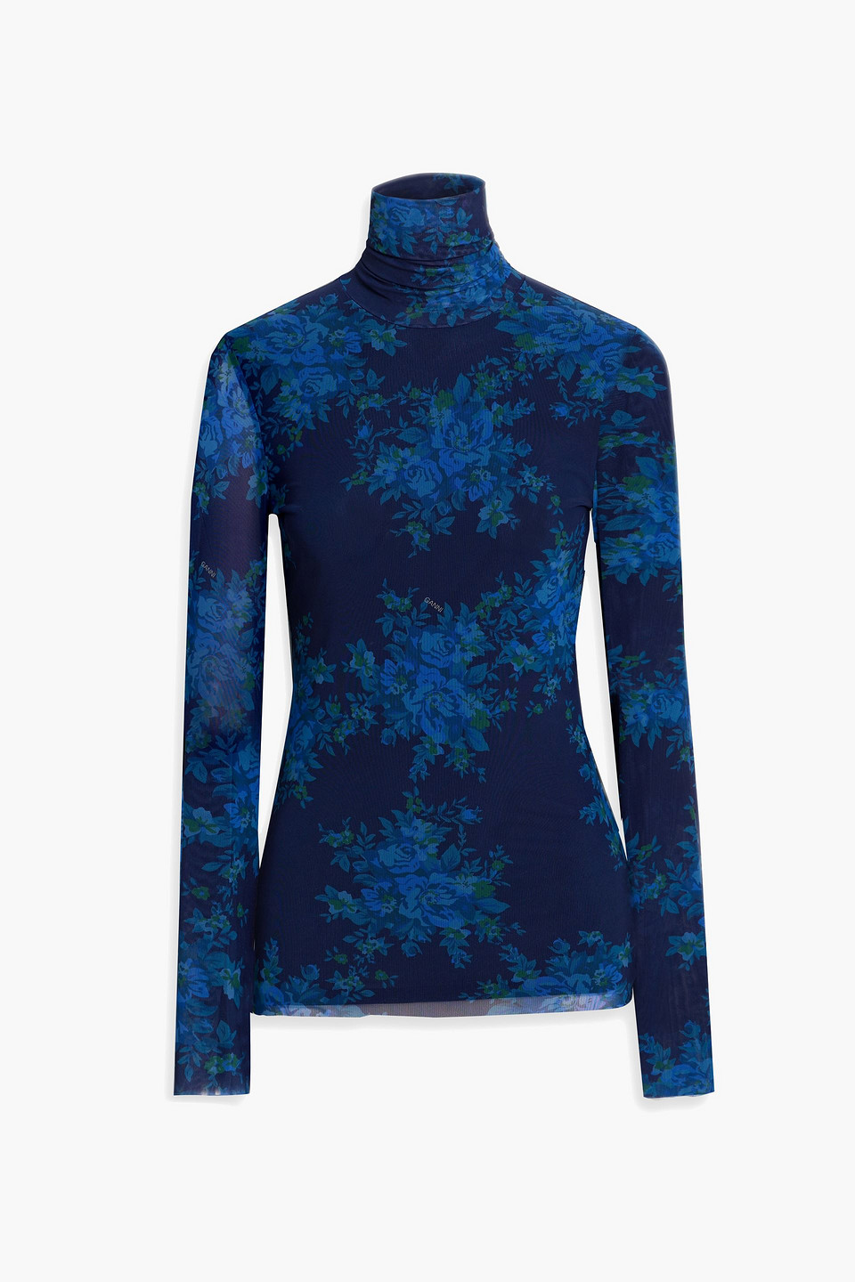 ganni - floral-print mesh turtleneck top - blue - eu 32
