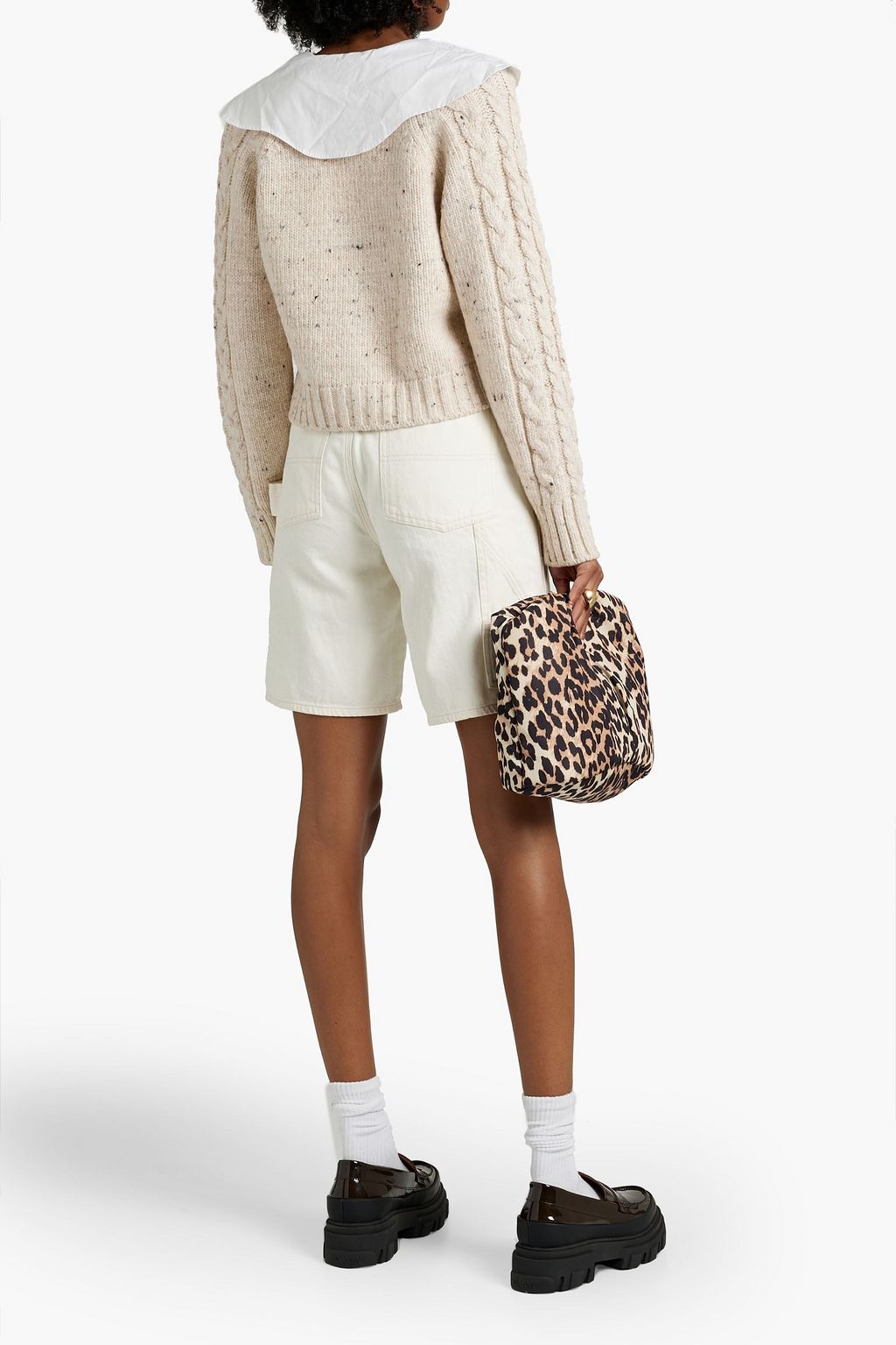 GANNI Crystal-embellished poplin-paneled cable-knit cardigan