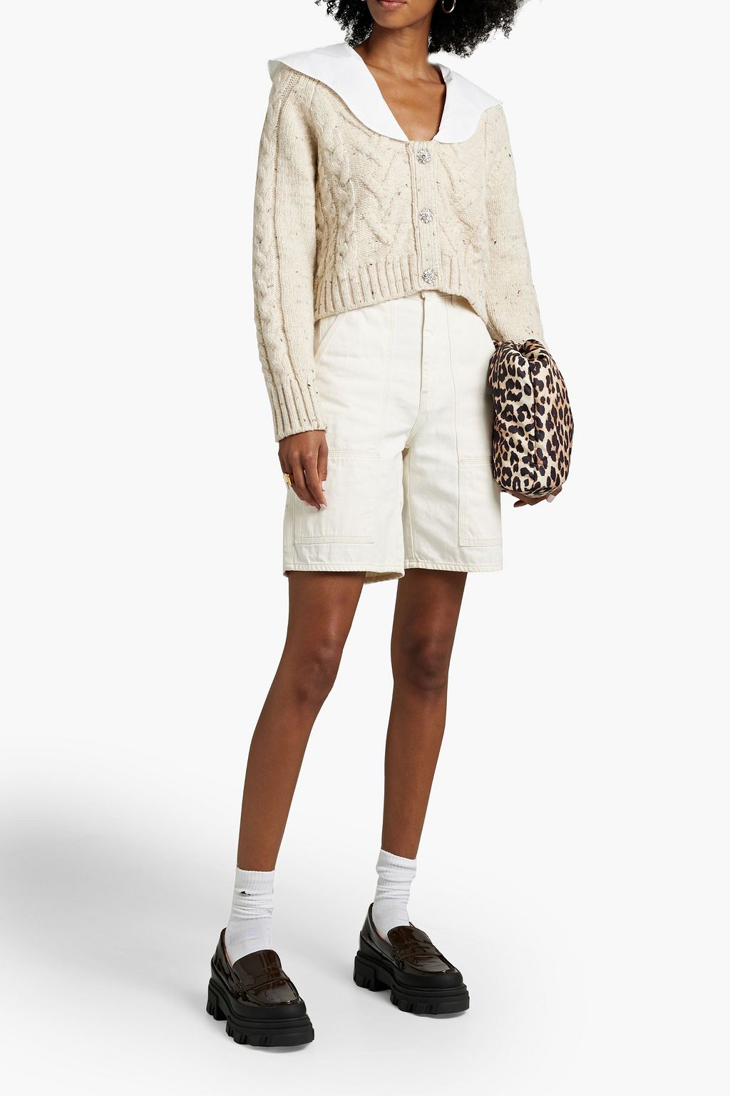 GANNI Crystal-embellished poplin-paneled cable-knit cardigan