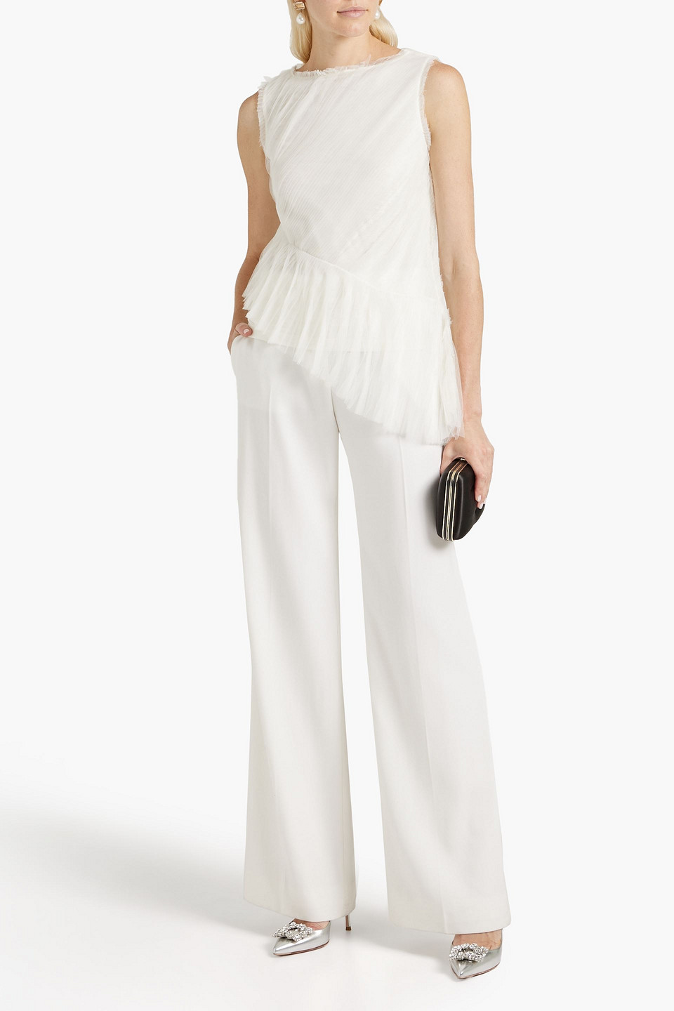 Fabiana Filippi Asymmetric Pleated Tulle And Linen-blend Top In White
