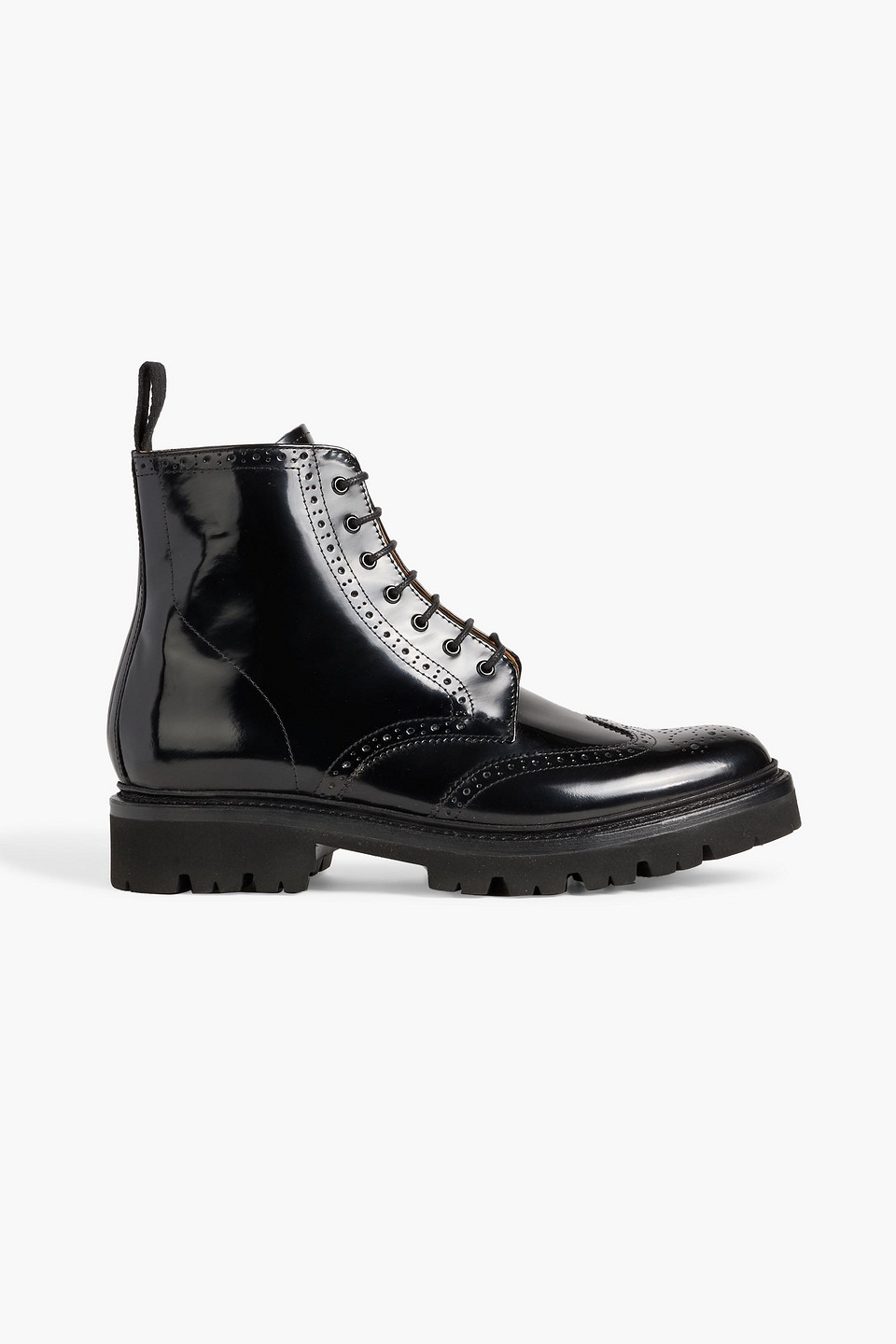 Grenson Emmaline Perforated Glossed-leather Combat Boots In Black