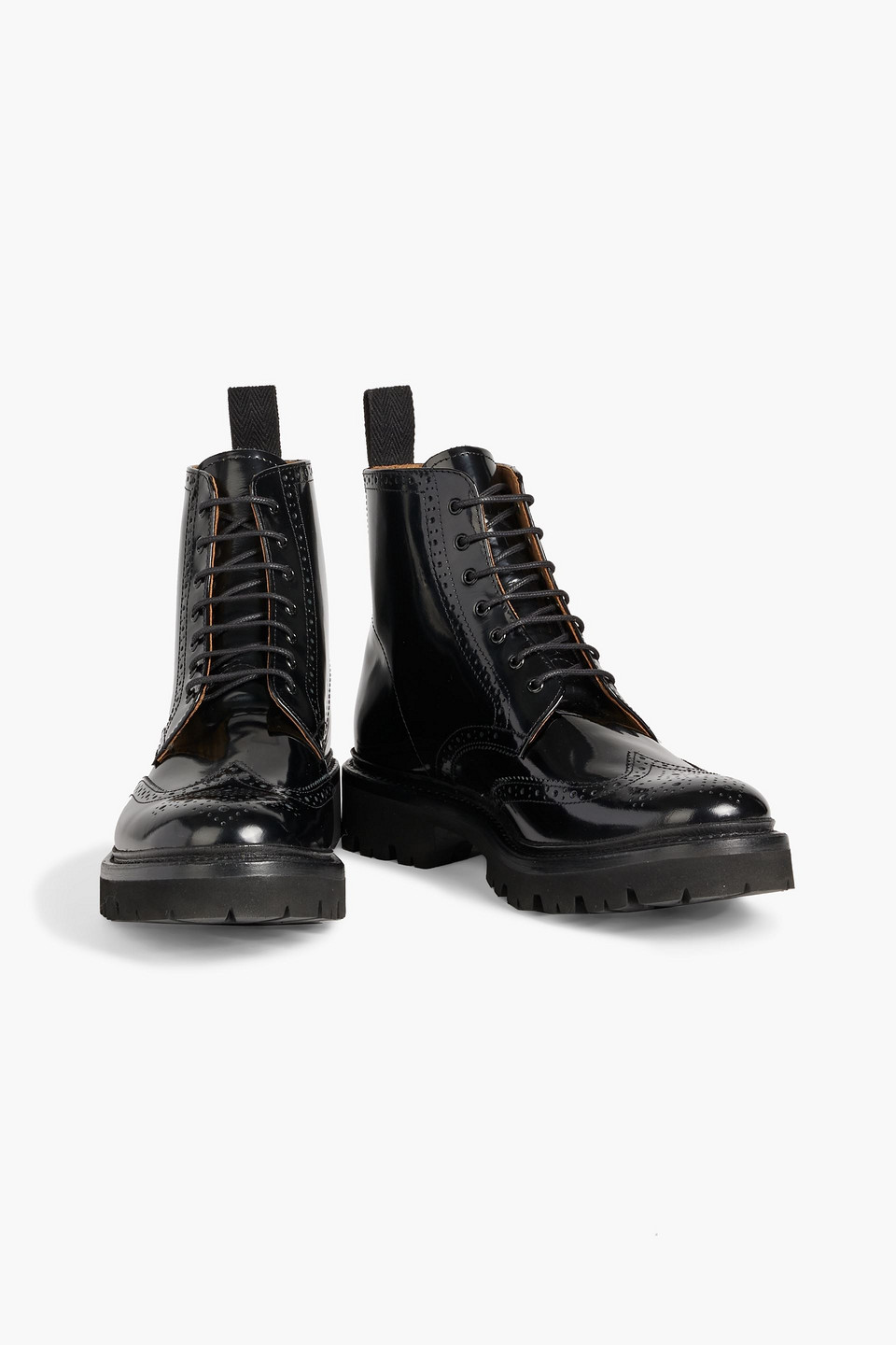 Shop Grenson Emmaline Perforated Glossed-leather Combat Boots In Black