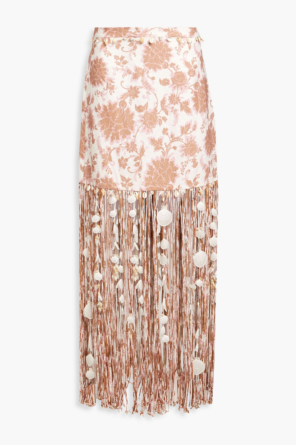 Shop Zimmermann Fringed Floral-print Linen Maxi Skirt In Light Brown