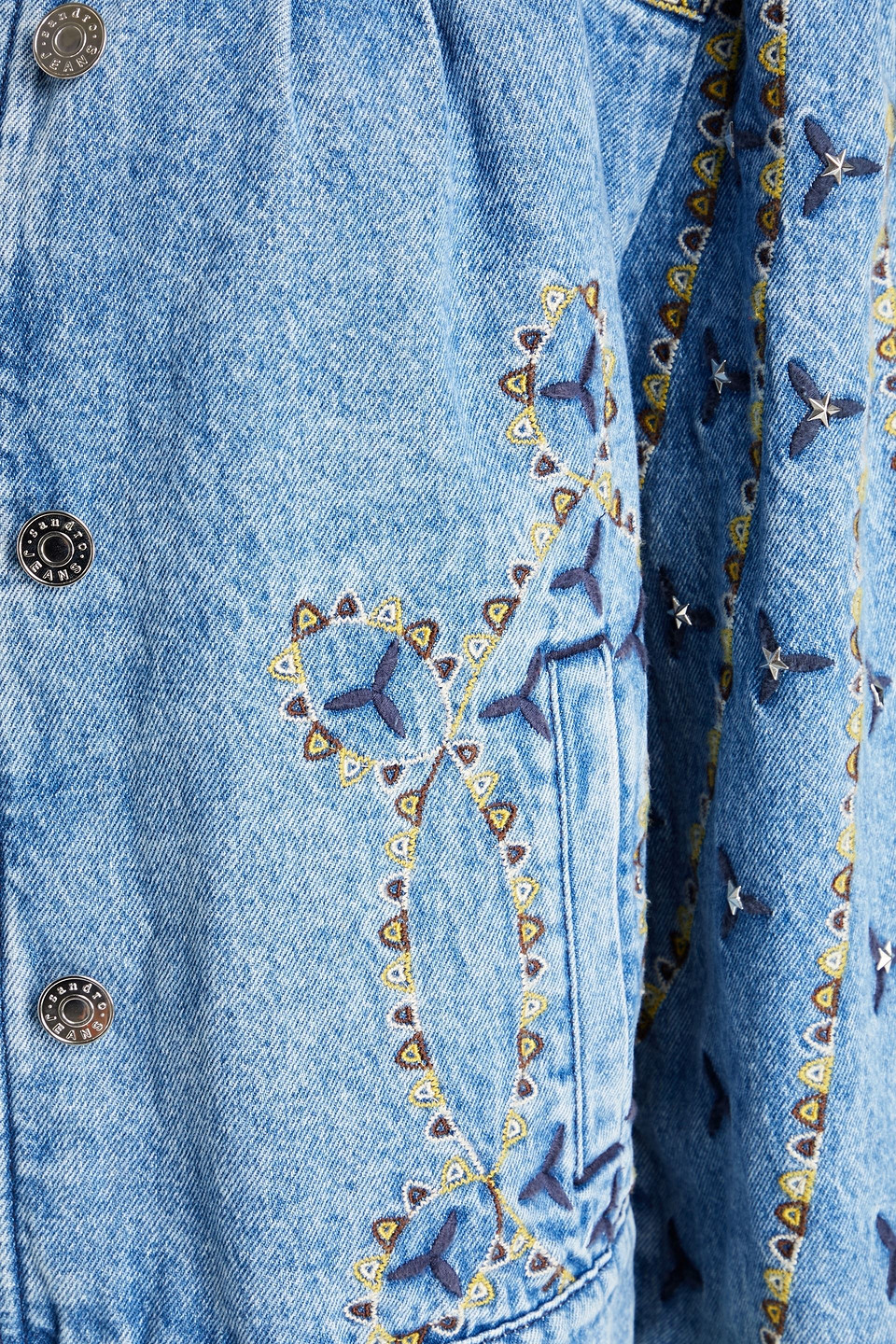 Shop Sandro Embellished Studded Jacket In Mid Denim