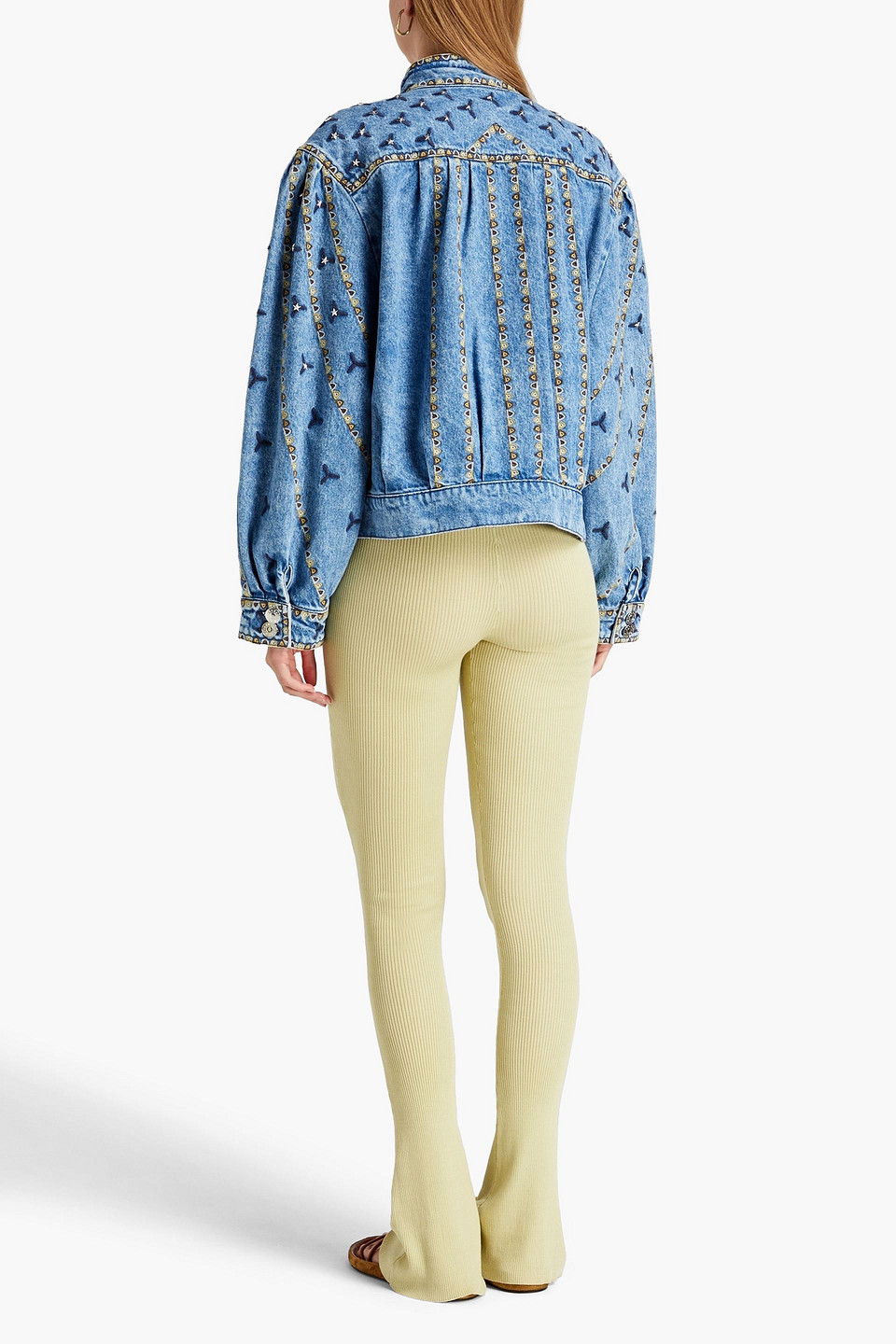 Shop Sandro Embellished Studded Jacket In Mid Denim