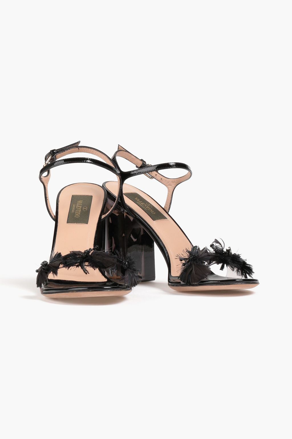 VALENTINO GARAVANI Sandalen aus Lackleder mit Federverzierung