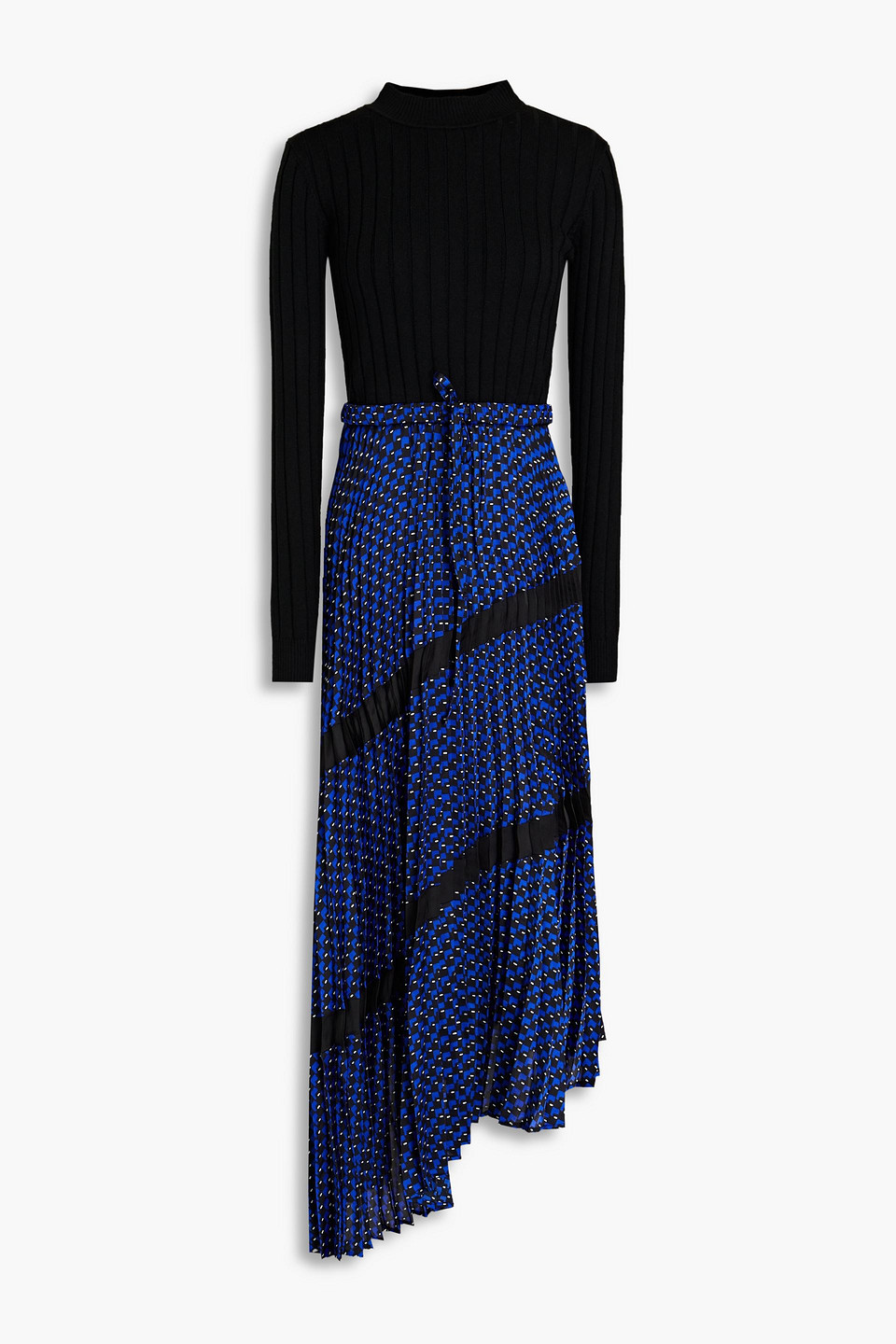 Claudie Pierlot Printed Satin-paneled Ribbed-knit Midi Dress In Blue