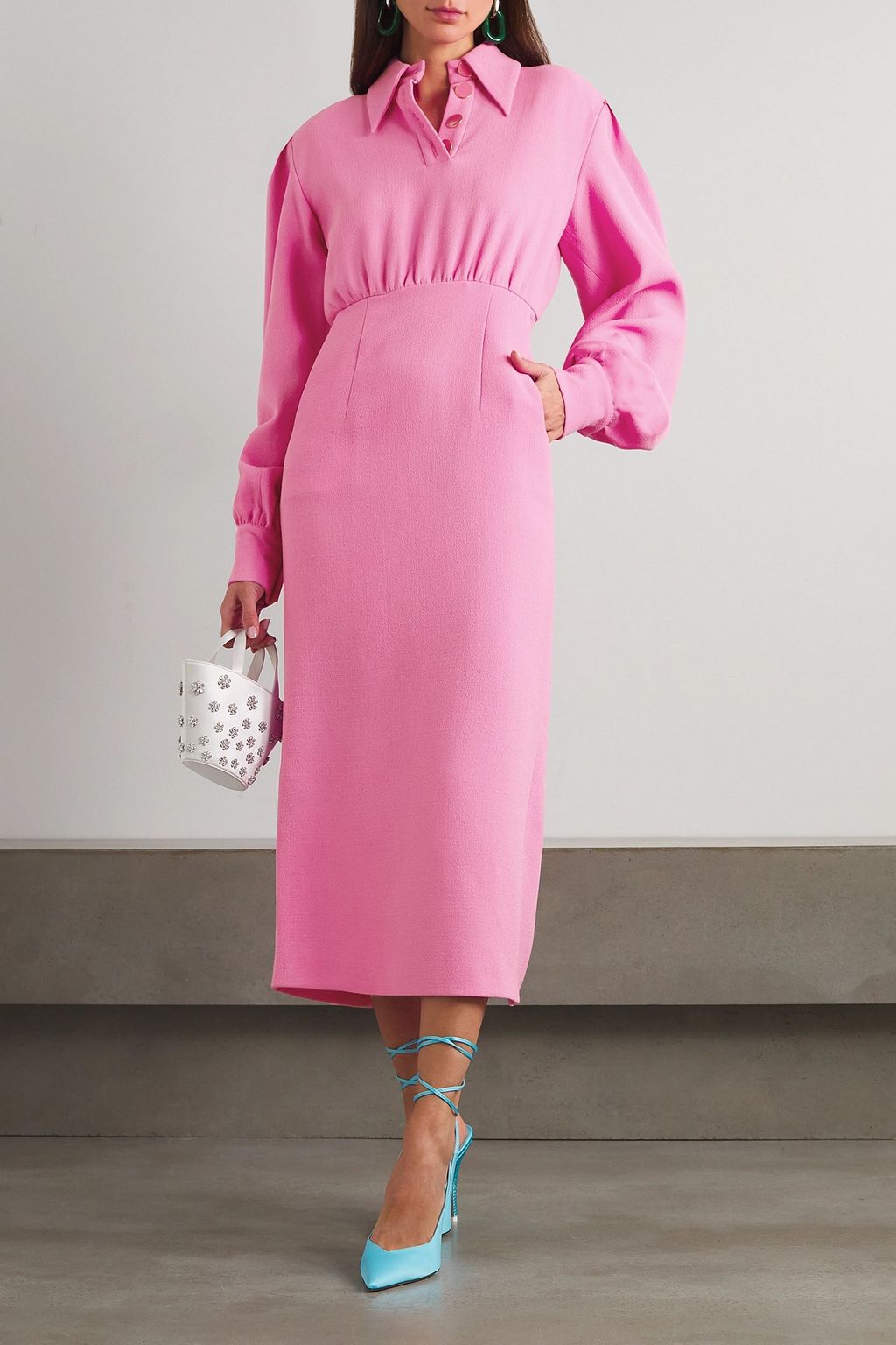 ROWEN ROSE Button-embellished wool-crepe midi dress