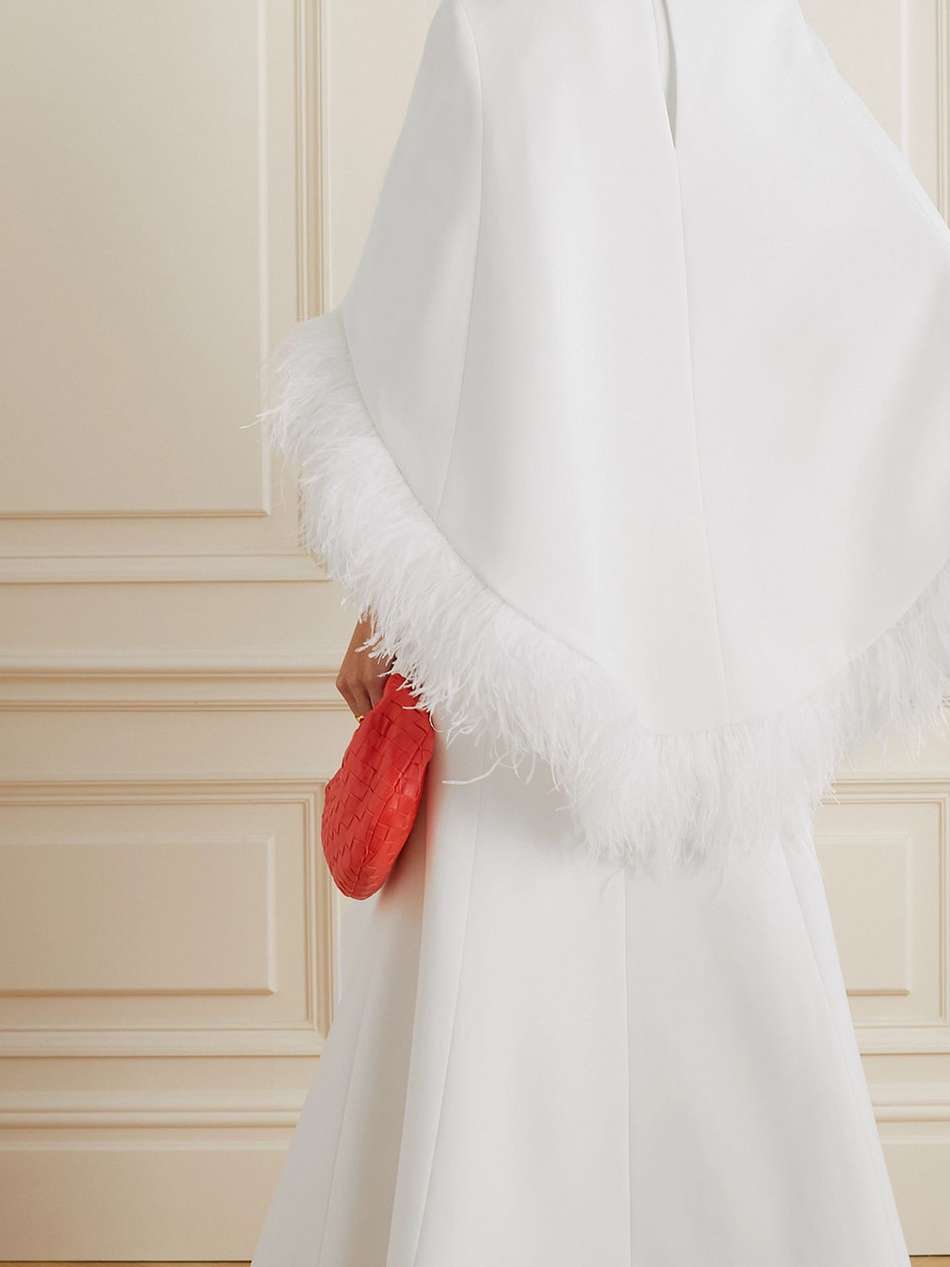 christelle cape-effect feather-trimmed crepe gown