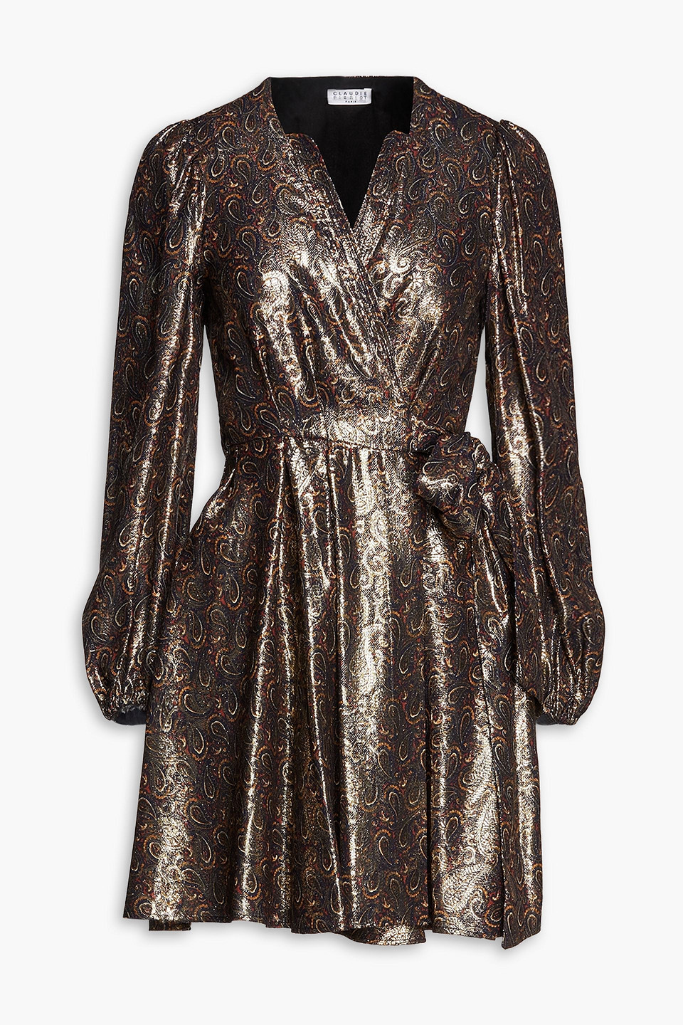 Claudie Pierlot Metallic Paisley-print Brocade Mini Wrap Dress In Gold