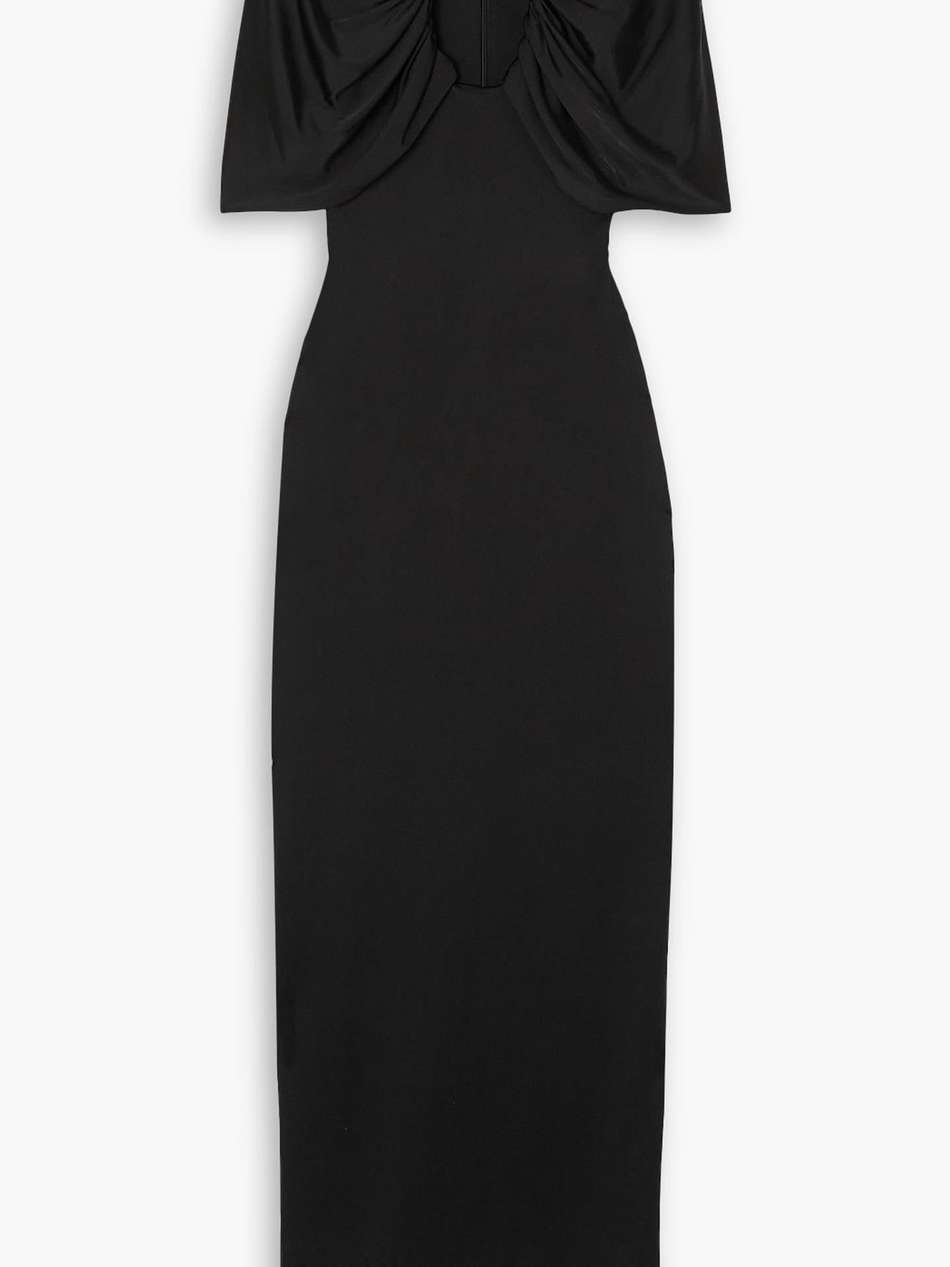 cape-effect cutout ruched stretch-jersey gown