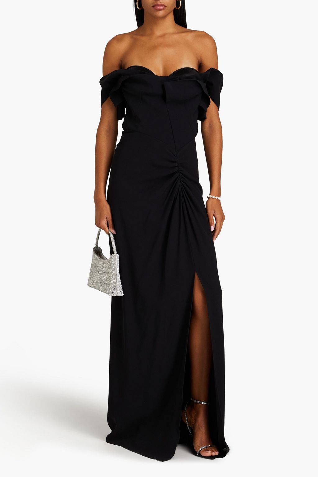 MCQUEEN Off-the-shoulder ruched pleated maxi dress