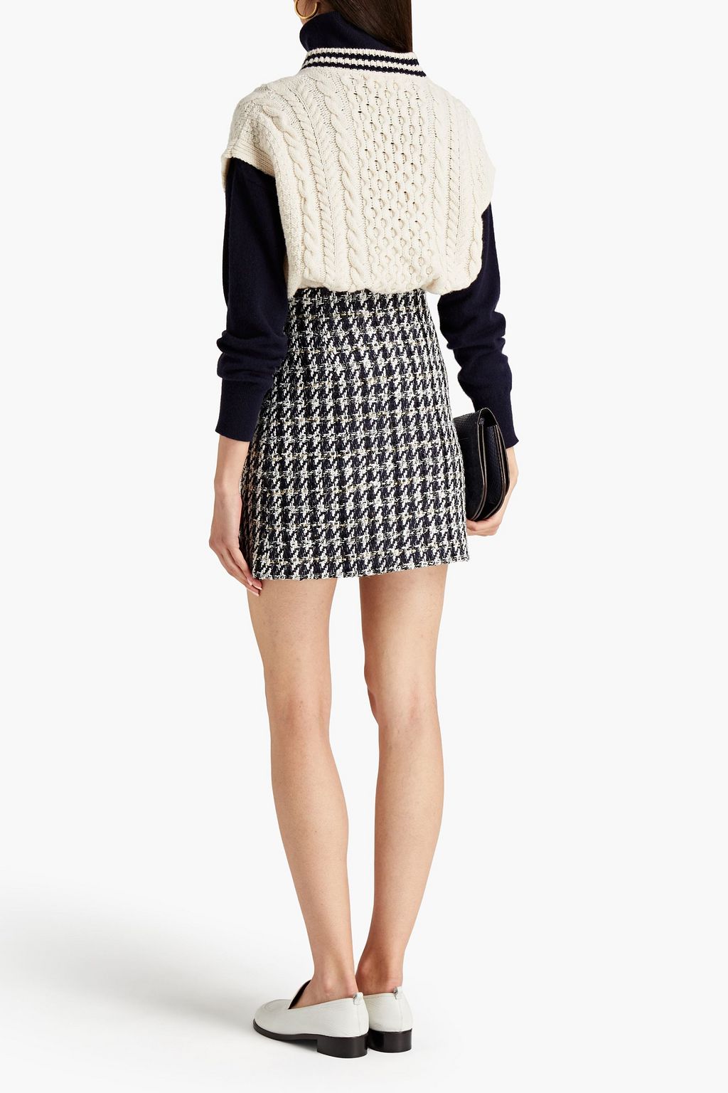 SANDRO Button-embellished houndstooth tweed mini skirt