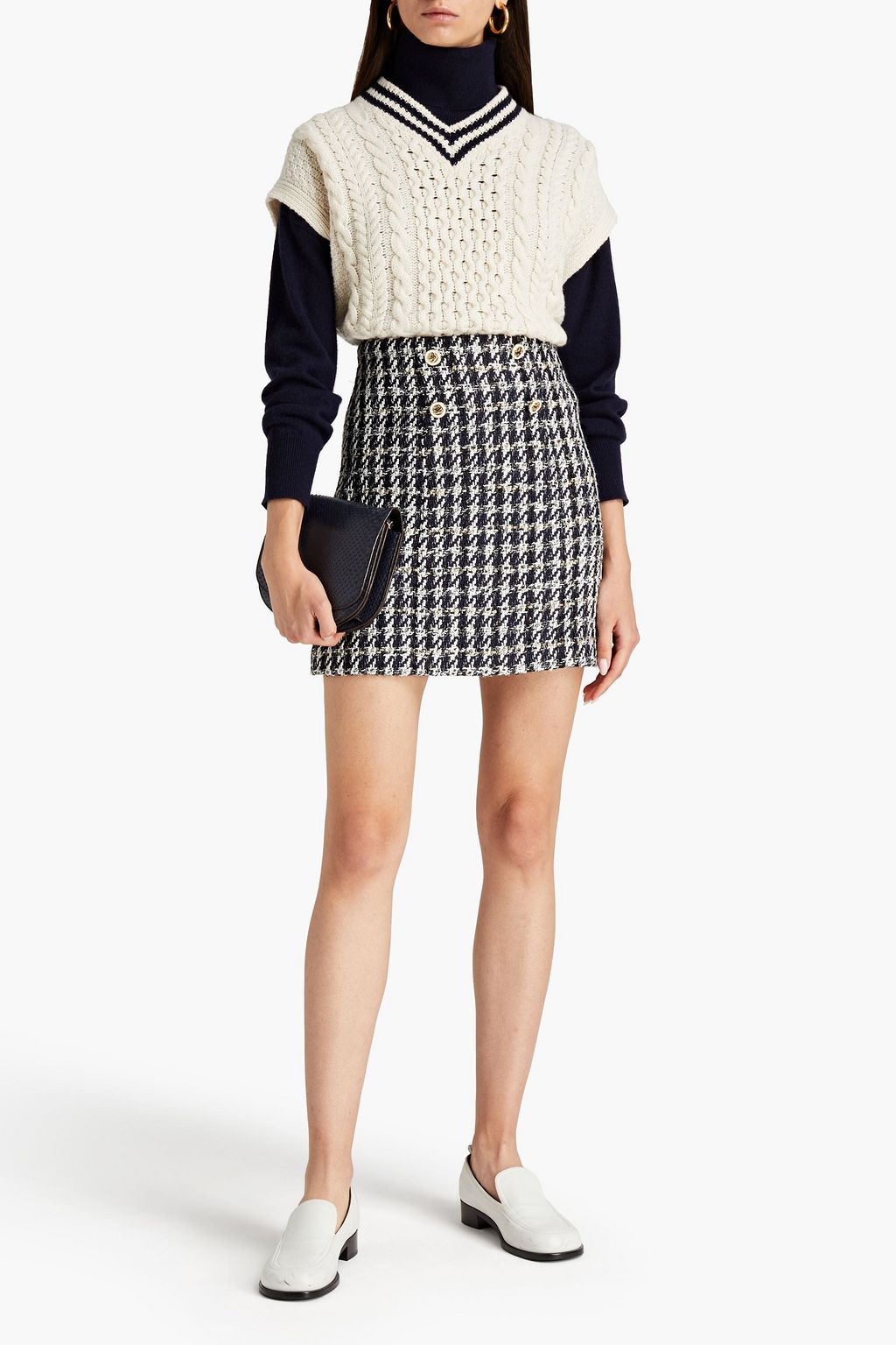 SANDRO Button-embellished houndstooth tweed mini skirt