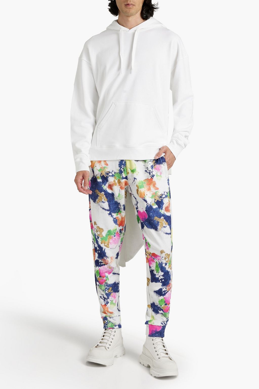 MOSCHINO Asymmetric printed French cotton-terry hoodie