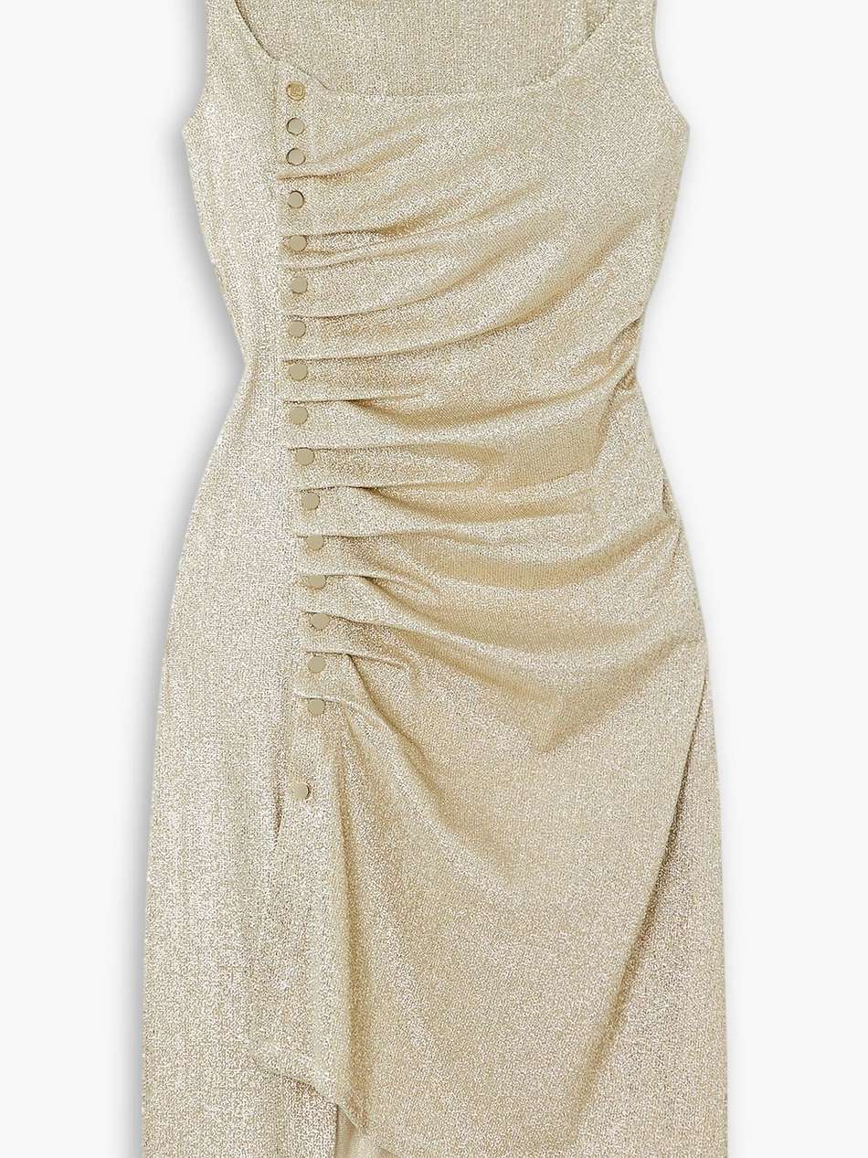 button-embellished gathered metallic stretch-jersey mini dress