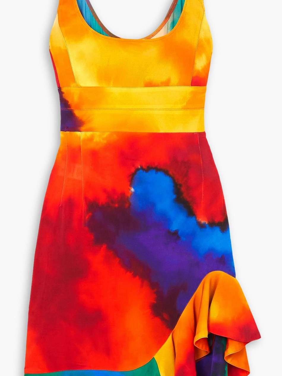 asymmetric ruffled tie-dyed stretch-jersey mini dress
