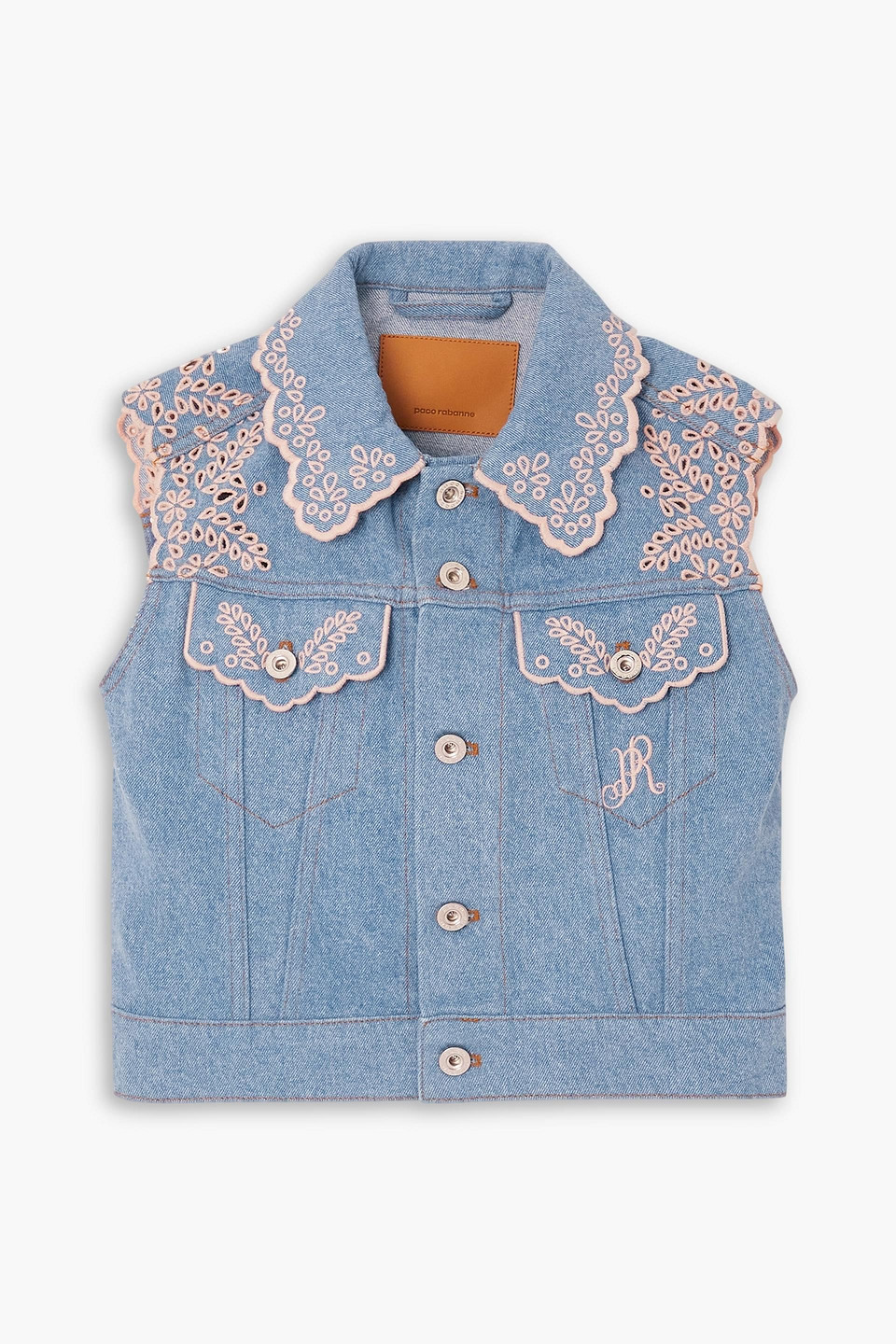 RABANNE CROPPED BRODERIE ANGLAISE-TRIMMED DENIM VEST