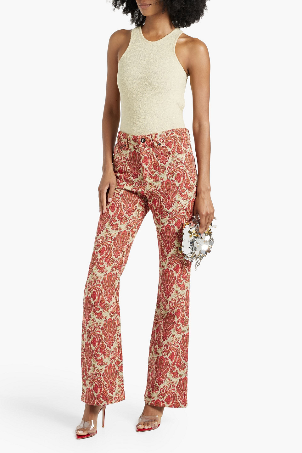 Shop Rabanne Jacquard Flared Pants In Red