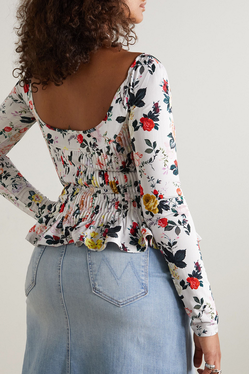 RABANNE SHIRRED FLORAL-PRINT STRETCH-JERSEY BLOUSE