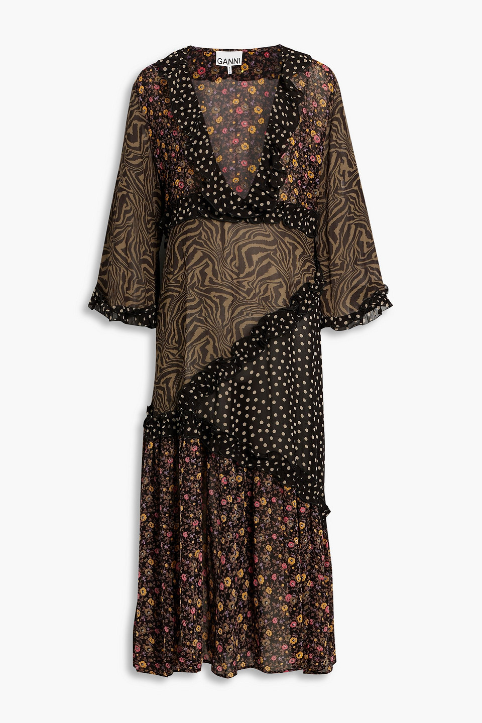 ganni - patchwork-effect printed chiffon midi dress - multicolor - eu 38