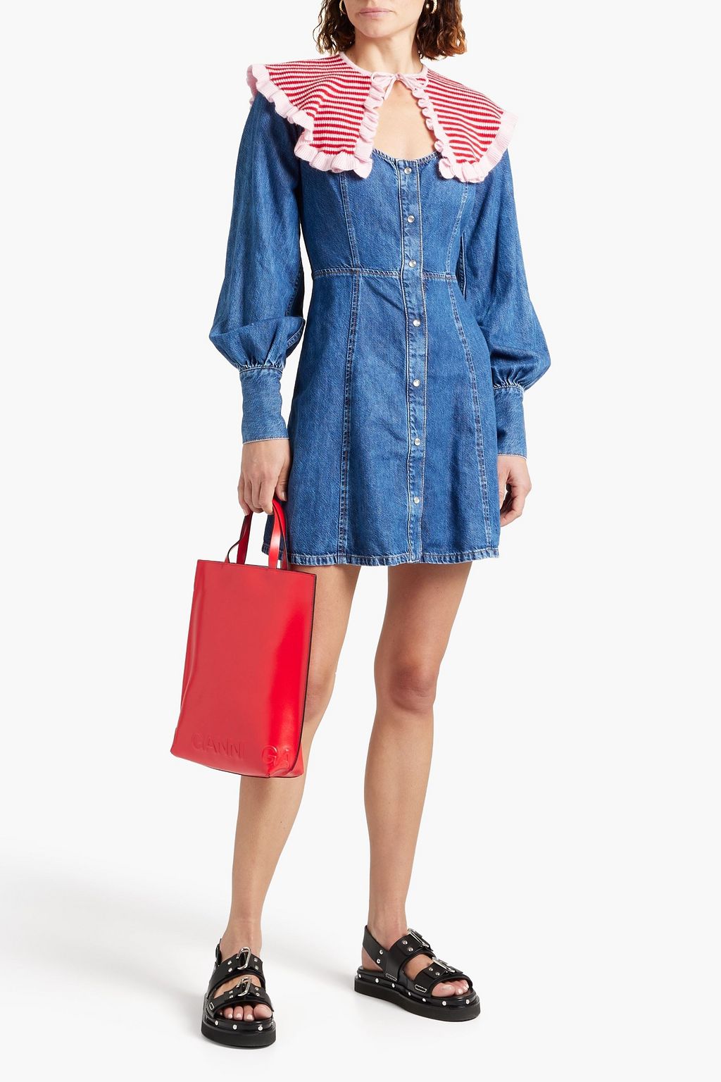 GANNI Striped ruffled  wool and cashmere-blend collar