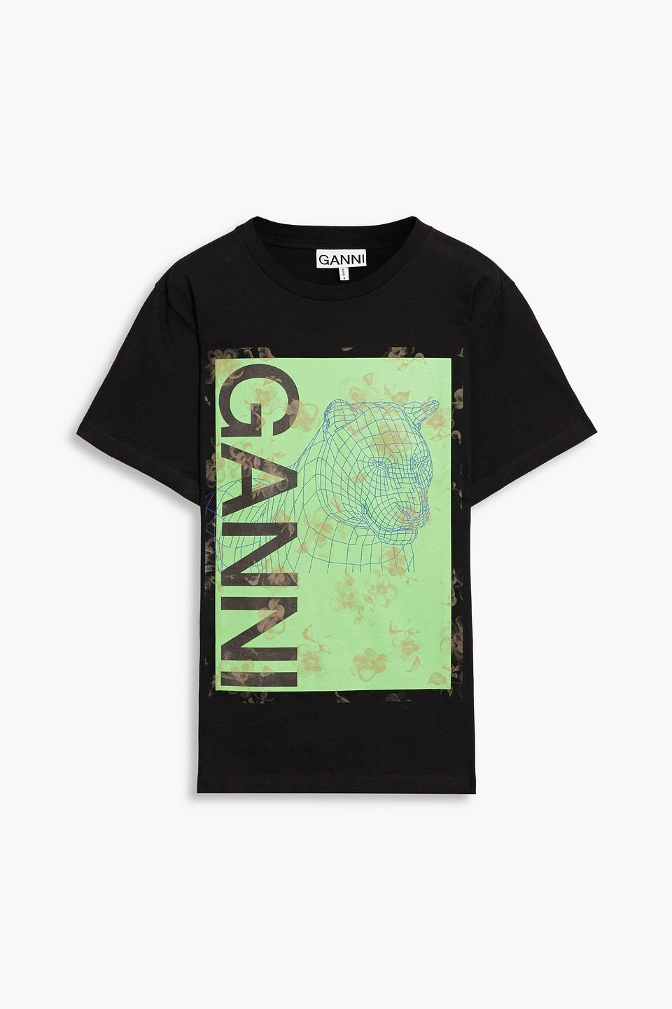 ganni - printed cotton-jersey t-shirt - black - l